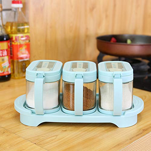 KSTORE Vidrio Cocina Condimento Especia Caja De Caja De Especias Condimentos Cuadro Vinagrera con Tapa Y Cuchara De Cocina 3Pcs,Azul