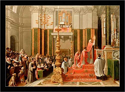 Kunst für Alle Cuadro con Marco: Andrea Commodi The Mass at Manresa - Impresión artística Decorativa con Marco, 80x55 cm, Negro/Canto Gris