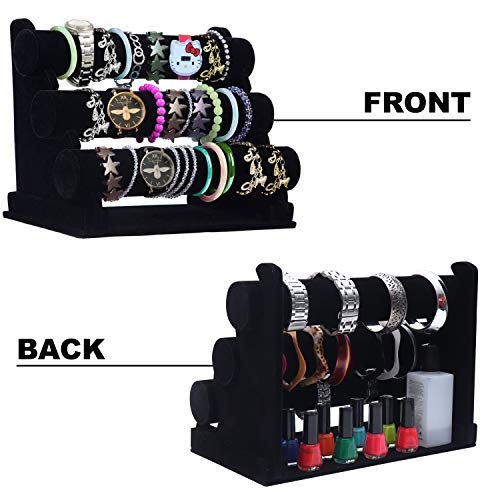 Kurtzy Organizador de Pulseras - (30x17x23cm) 3 Niveles Negro Exibidor para Joyas con Barras Desmontables - Expositor de Terciopelo para Pulseras, Brazaletes, Gargantillas y Relojes