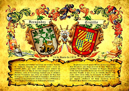 Lámina pergamino Escudos heráldicos de 2 Apellidos con origenes. Impresión en DIN A3. Regalo Boda, Aniversario