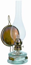 Lampara de aceite rellenable, lampara de petroleo de vidrio transparente, rellenable, candil decorativo con base decorada color dorado, con un espejo sostenedor de cobre amarillo, con cilndro soplado a boca, altura aprox. 32,5 cm, Oberstdorfer Glashütte