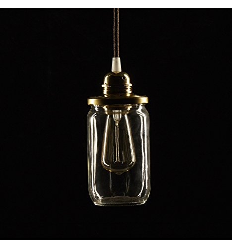 Lámpara Tarro de Miel en cristal. 150x85mm. 2 metros de cable en tela marrón. Casquillo e27 dorado. Bombilla incluida. 220v.
