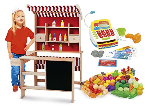 Leomark Juguete de Madera para Niños, Tienda, Mercado con Gran Conjunto de Productos Alimenticios, Caja Registradora y Escáner de Código