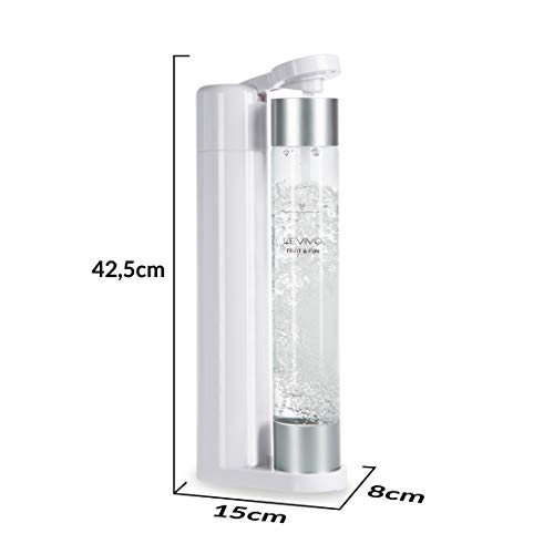 Levivo Gasificadora de agua Fruit & Fun Slim, con botella de 1 litro y cartucho de CO2, gas carbonatado para agua, cócteles y otras bebidas, color blanco y plata