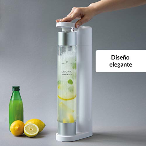 Levivo Gasificadora de agua Fruit & Fun Slim, con botella de 1 litro y cartucho de CO2, gas carbonatado para agua, cócteles y otras bebidas, color blanco y plata
