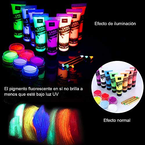 Lictin 43Pcs Pintura Corporal Pintura arte corporal UV Luz Negra Fosforescente maquillaje Arte maquillaje Fluorescente color maquillaje