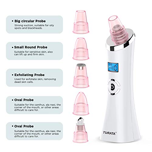 Limpiador de Poros,TURATA Eliminador de Puntos Negros 5 Niveles de la succión Ajustable con USB Carga Portátil para Eliminación de Espinillas y Acné,5 cabezas reemplazables kit eliminación (Rosa)