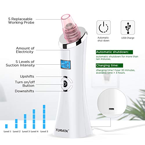 Limpiador de Poros,TURATA Eliminador de Puntos Negros 5 Niveles de la succión Ajustable con USB Carga Portátil para Eliminación de Espinillas y Acné,5 cabezas reemplazables kit eliminación (Rosa)