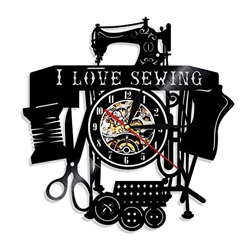 LKJHGU Me Encanta acolchar Coser Cita Arte de Pared máquina de Coser Vintage Reloj de Pared Vinilo Registro Reloj de Pared Sala de Costura sastrería decoración