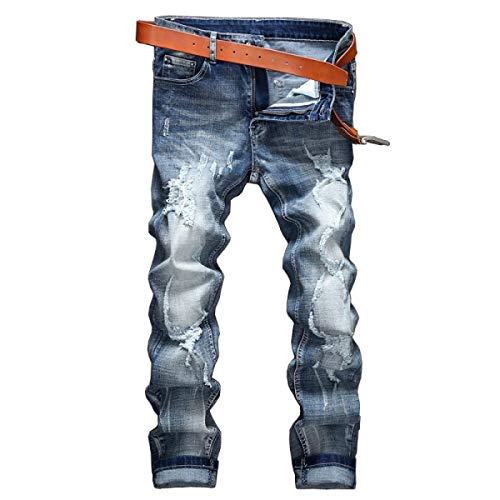 Los Hombres Los Hombres Pantalones De Ocio De Mediados Cintura Mode De Marca Recta Bomba Micro Rasgada Vendimia De La Manera Adelgazan Los Pantalones Vaqueros Sin Mortero ( Color : Azul , Size : 36 )