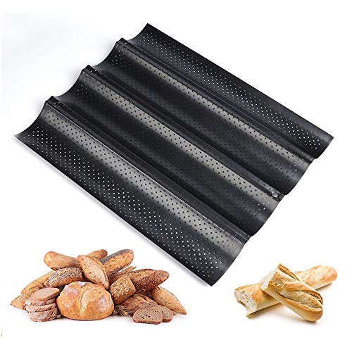 LQKYWNA Baguettes Molde para Hornear, Cocina Casera Pan Francés 2/3/4 Groove Waves Herramientas para Hornear Bandeja Crujiente De Acero Al Carbono Antiadherente (Black-2 Grooves)