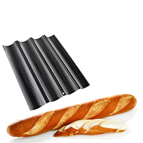 LQKYWNA Baguettes Molde para Hornear, Cocina Casera Pan Francés 2/3/4 Groove Waves Herramientas para Hornear Bandeja Crujiente De Acero Al Carbono Antiadherente (Black-2 Grooves)