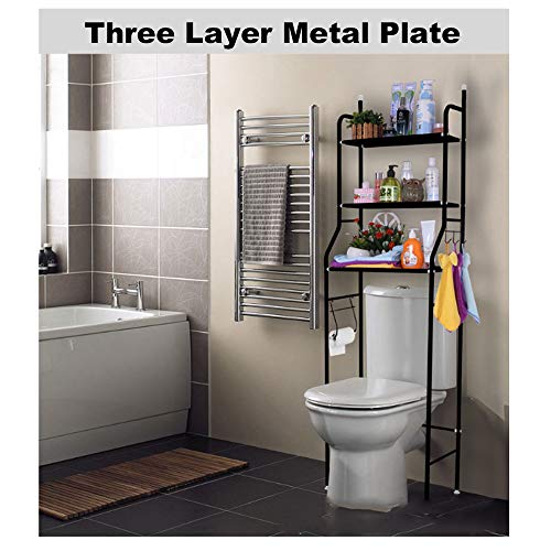 LSHOME 3 Niveles Estante de Almacenamiento para Inodoro Estantería de Almacenamiento Metal con 2 Ganchos Estante de Lavadora de Gran Capacidad 50 x 26 x 158 cm,Rosado