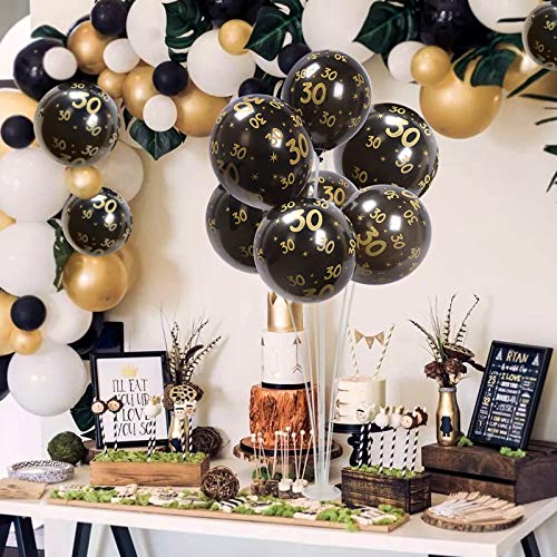 Lusee 20 piezas Globos de Látex Negros con Cintas y Punto Adhesivo para Cumpleaños, Aniversario o Actividad de Negocios (Número 30）