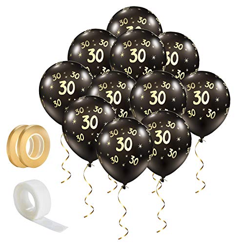 Lusee 20 piezas Globos de Látex Negros con Cintas y Punto Adhesivo para Cumpleaños, Aniversario o Actividad de Negocios (Número 30）