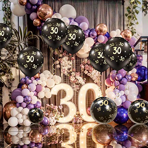 Lusee 20 piezas Globos de Látex Negros con Cintas y Punto Adhesivo para Cumpleaños, Aniversario o Actividad de Negocios (Número 30）