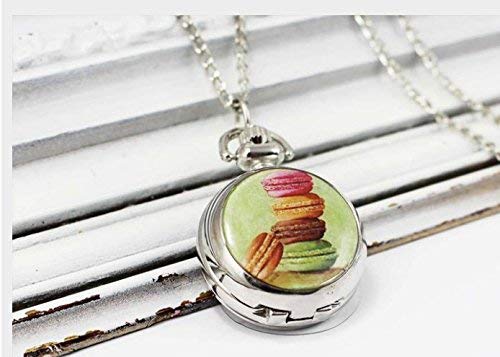 Macarons reloj de bolsillo, colgante de macarrones, collar de macarrones, color pastel, verde, cadena de reloj, joyería de plata vintage, joyería de arte de imagen, colgante de moda,