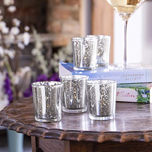 Maison & White Juego de 12 candelabros de cristal de té de vidrio moteado de plata | Ideal para bodas, decoración del hogar, fiestas, configuraciones de mesa y regalos | Plomo y libre de mercurio