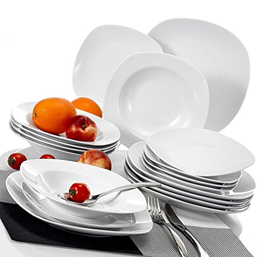 MALACASA serie Elisa, 18 Piezas. Juego Platos de Porcelana Set Vajilla Vajilla con por Plato Llano Plato, Platos de Postre Platos de Postre, 6 Platos Hondos de Plato para 6 Personas, Gris, Blanco