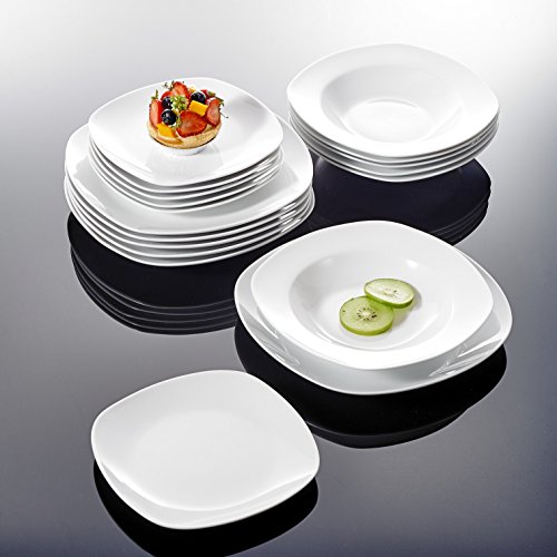 MALACASA serie Elisa, 18 Piezas. Juego Platos de Porcelana Set Vajilla Vajilla con por Plato Llano Plato, Platos de Postre Platos de Postre, 6 Platos Hondos de Plato para 6 Personas, Gris, Blanco