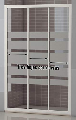 Mampara Frontal Modelo SICILIA.Tres Hojas Correderas, Apertura por ambos lados, Medidas 134-140x185 cm, Cristal 4 mm Decorado Serigrafía, Perfil Aluminio Lacado en Blanco