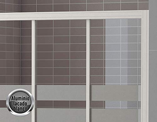 Mampara Frontal Modelo SICILIA.Tres Hojas Correderas, Apertura por ambos lados, Medidas 134-140x185 cm, Cristal 4 mm Decorado Serigrafía, Perfil Aluminio Lacado en Blanco