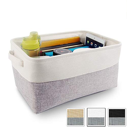 Mangata Cestas de almacenaje, Caja almacenaje Tela de Lona con Asas para Ropa, estantes, Juguetes (Plegable, Gris Blanco,Medio)