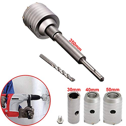 Mango redondo de 350 mm SDS Plus Vástago Broca para muro de hormigón Agujero Cortador de sierra Broca para muro de piedra de cemento de hormigón con expansión de 30/40/50 mm （Plata）
