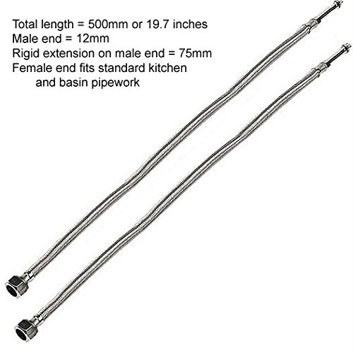 Manguera Flexible de grifo, para Lavabo Monobloc o Grifos de Cocina de 400 mm, 500 mm, 900 mm, x 10 mm y 12 mm, Cromo pulido, 500mm x 12mm