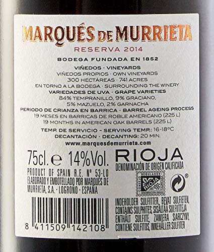 Marqués de Murrieta Tinto Reserva 2014. Caja Cartón 6 botellas 0,75L