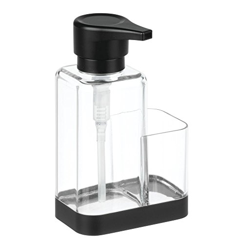 mDesign Dosificador de jabón con Soporte para Esponja – Dispensador de jabón de Manos para fregaderos – Dispensador de jabón en Espuma de plástico y Recargable – Transparente/Negro Mate