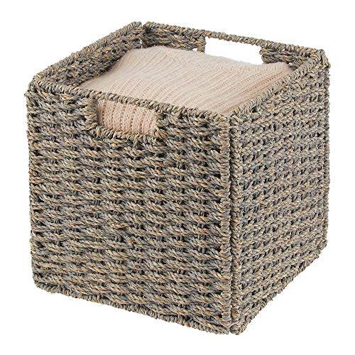 mDesign Juego de 2 cajas de almacenaje – Cajas organizadoras plegables hechas de junco marino – Cestas de almacenaje con patrón trenzado – Ideales para estanterías cuadradas – gris