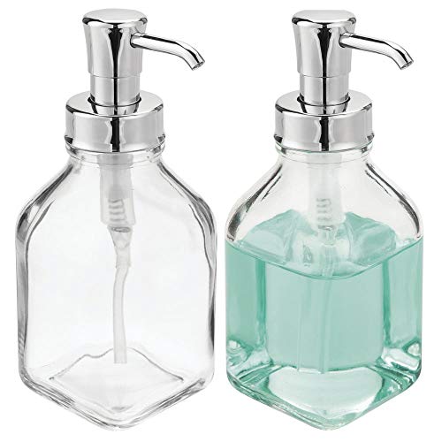 mDesign Juego de 2 dispensadores de jabón rellenables – Dosificadores de jabón cuadrados de cristal y plástico – Ideal dosificador de baño o cocina con 562 ml de capacidad – transparente/plateado
