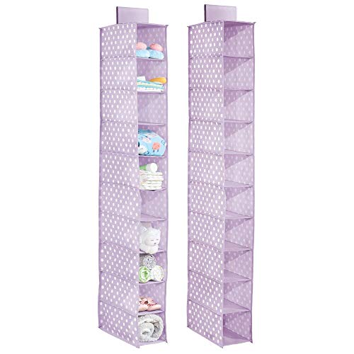 mDesign Juego de 2 estanterías Colgantes para el Armario – Armario de Tela con 10 Compartimentos para Dormitorio y Cuarto Infantil – Organizador de armarios con diseño de Lunares – Lila Claro/Blanco