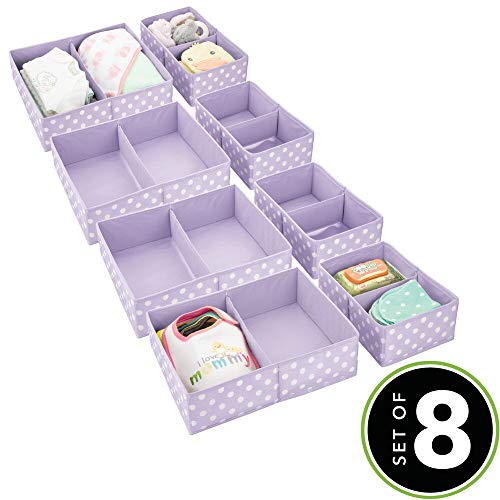 mDesign Juego de 8 Cajas para Guardar Ropa en 2 tamaños – Organizador de Armario con 2 apartados para Cuarto Infantil – Cajas organizadoras de Fibra sintética con Bonitos Lunares – Lila Claro/Blanco