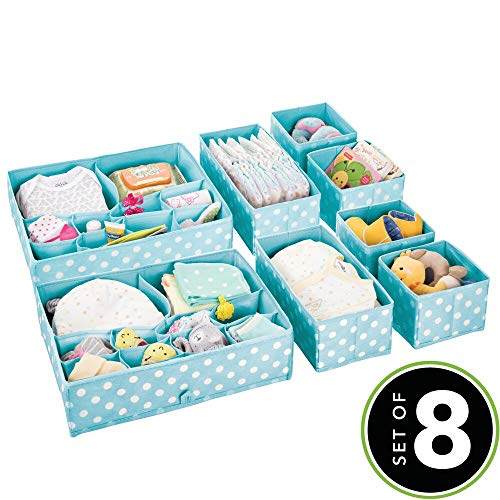 mDesign Juego de 8 organizadores para armarios – Separadores de cajones con varios compartimentos – Organizadores de cajones para ropa, cosméticos, pañales, pañuelos o lociones – azul turquesa/blanco