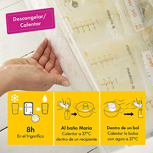 Medela Bolsas de almacenamiento y conservación para leche materna. Paquete de 25 unidades. Fáciles de usar, higiénicas y seguras para almacenar, transportar y calentar la leche materna.