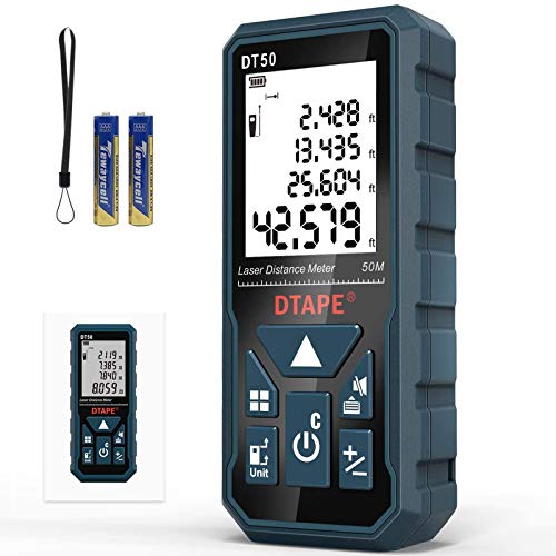 Medidor Láser, DTAPE DT50 Medidor de Distancia Láser 50M / 165 pies, Medidor de Presión Portátil Herramienta de Medición de Flujo digital, Pantalla LCD Retroiluminada más Grande de 4 Líneas IP54