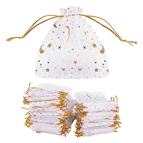 MEJOSER 100 Bolsas de Organza Bolsitas Tul con Estrellas y Lunas Saquitos Arroz Regalo Joyas Caramelo Dulces Recuerdo Favores Detalles para Navidad Boda Fiesta Bautizo con Cintas Blanco Dorado