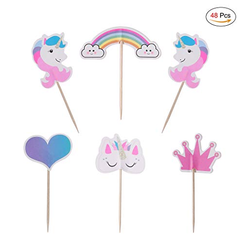 MengH-SHOP Cupcake Toppers Rainbow Cake Toppers para Niños Niñas Regalo Unicornio Decoraciones de Fiesta de Cumpleaños 48 Piezas