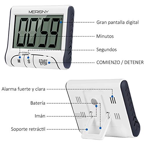 Merisny Temporizador de Cocina Digital, Temporizador Digital 24 Horas con Sonido de Pantalla LCD, Temporizador Electrónico , Base Magnética de Cuenta Regresiva (Con Batería )