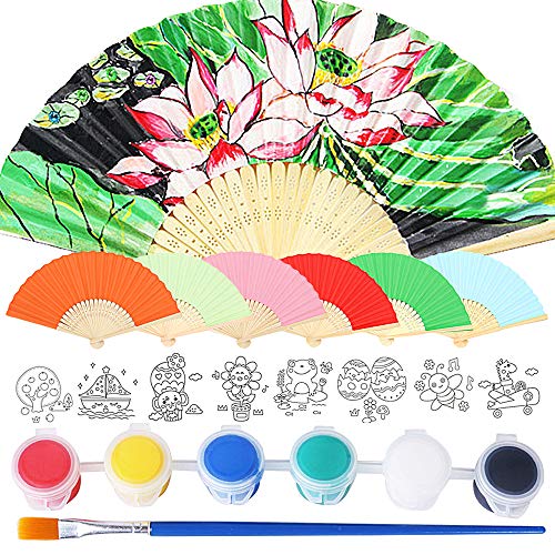MHwan abanicos españoles madera, Abanico plegable, Ventilador plegable de 6 piezas con pinceles de pigmento y plantillas de pintura para bricolaje, decoración del hogar, verano, 21 x 38 cm