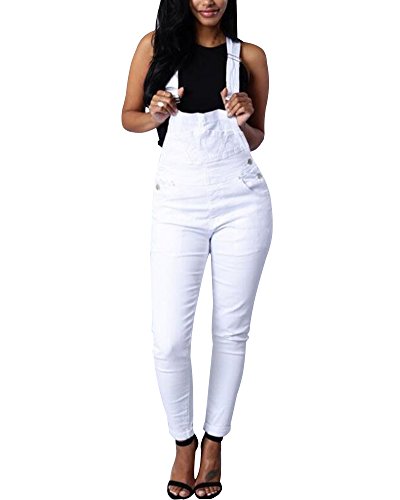 Minetom Mujer Chicas Peto Vaquero Mono Largo Casual Elegante Moda Bolsillos Tiras Fiesta Oficina Blanco ES 38