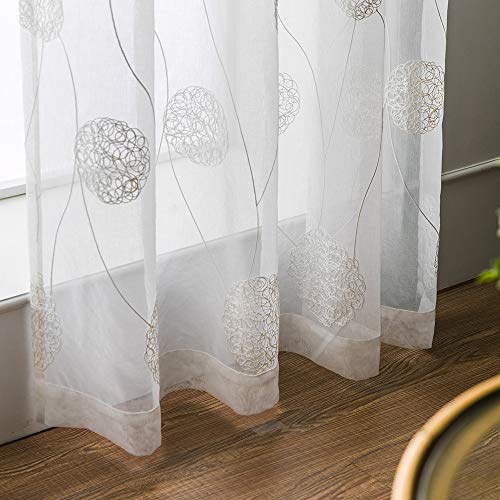 MIULEE 2 Piezas Cortinas Bordado Translucida de Dormitorio Moderno Ventana Visillos Rayas Salon Paneles con Ojales Plateados para Sala Cuarto Comedor Salon Cocina Habitación 140x225cm Hortensia Blanca