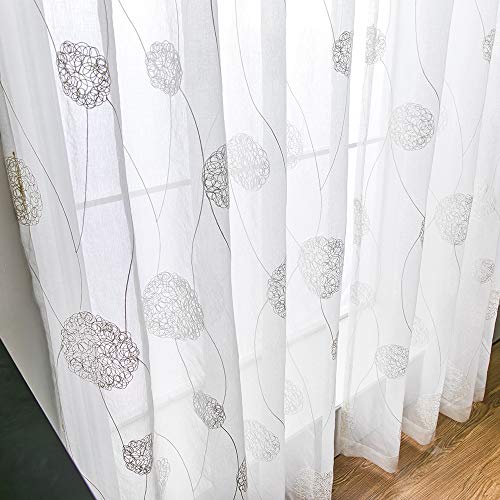 MIULEE 2 Piezas Cortinas Bordado Translucida de Dormitorio Moderno Ventana Visillos Rayas Salon Paneles con Ojales Plateados para Sala Cuarto Comedor Salon Cocina Habitación 140x225cm Hortensia Blanca