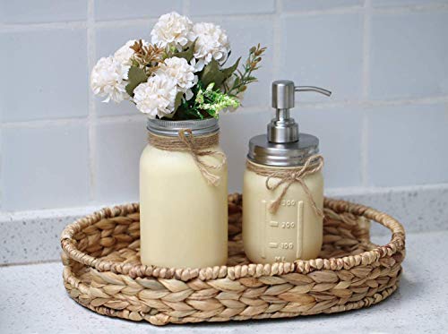 Mkouo Mason Jar Bathroom Accessories Set 5 Pack Tarros Pintados Rustic Farmhouse Home Decor Include Dispensador de jabón,Esponja de Maquillaje, Bastoncillo de algodón,Tejido,Porta Cepillo de Dientes