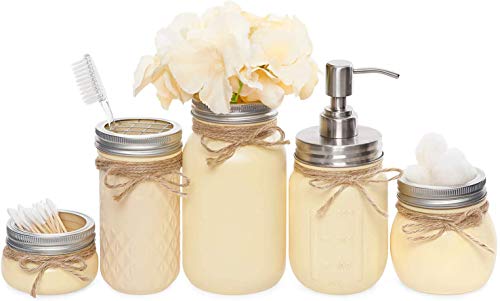 Mkouo Mason Jar Bathroom Accessories Set 5 Pack Tarros Pintados Rustic Farmhouse Home Decor Include Dispensador de jabón,Esponja de Maquillaje, Bastoncillo de algodón,Tejido,Porta Cepillo de Dientes