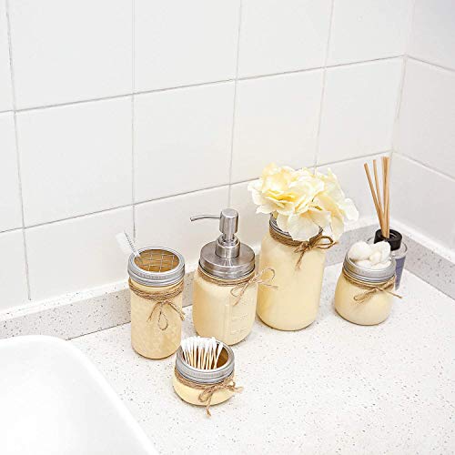 Mkouo Mason Jar Bathroom Accessories Set 5 Pack Tarros Pintados Rustic Farmhouse Home Decor Include Dispensador de jabón,Esponja de Maquillaje, Bastoncillo de algodón,Tejido,Porta Cepillo de Dientes
