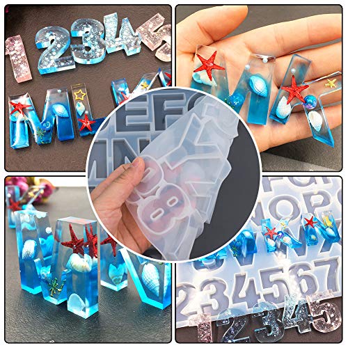 Moldes de fundición de resina, moldes de resina de silicona de números y letras Moldes de joyería del alfabeto con taladro giratorio manual y llavero de plata de 10 piezas para hacer manualidades DIY