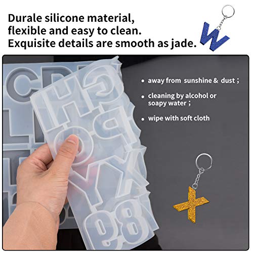 Moldes de fundición de resina, moldes de resina de silicona de números y letras Moldes de joyería del alfabeto con taladro giratorio manual y llavero de plata de 10 piezas para hacer manualidades DIY